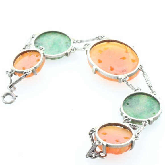 Sterling Silver Carved Floral Red Jadeite & Jade Hinged Bar Link Bracelet - 7.5" - Picture 6 of 8